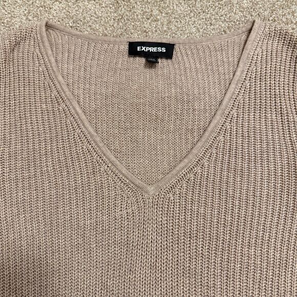Express V-Neck Ribbed Long Puff Sleeve Knit Sweater Pink Beige Women's Small - Picture 2 of 9